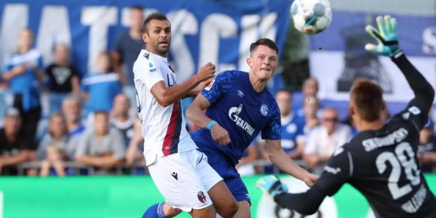 Schalkes Fabian Reese (M) schaut im Testspiel gegen den FC Bologna dem Ball nach einem Torschuss nach. Foto: Tim Rehbein