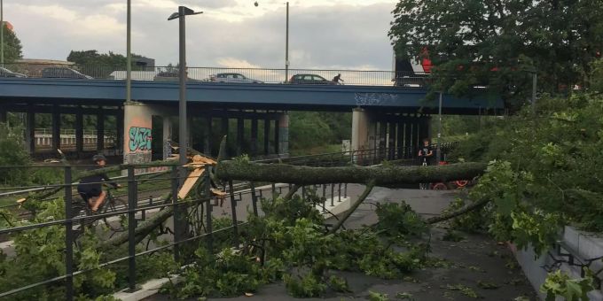 Kurz vor dem S-Bahnhof Südkreuz in Berlin liegt ein Baum quer über dem Radweg. Über Berlin war ein schweres Gewitter gezogen. Unwetter in Berlin