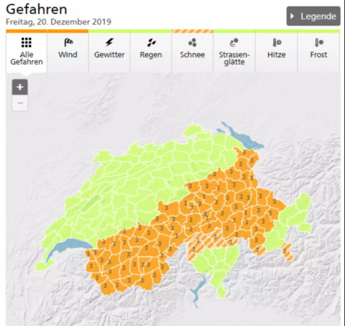 Die Gefahrenkarte der Schweiz für Freitag. sturmwarnung
