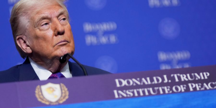 US-Präsident Donald Trump hört während einer Sitzung des Friedensrats in Washington zu. Foto: Mark Schiefelbein/AP/dpa