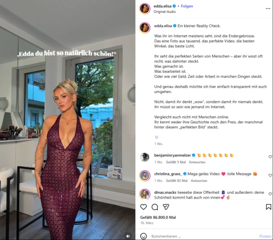 So strahlt Influencerin Edda zu Beginn ihres grossen Enthüllungs-Reels.