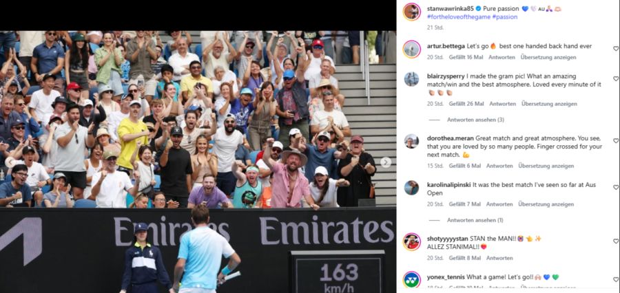 «Pure Leidenschaft», schreibt Wawrinka nach seiner Startrunde. Die Fan-Herzen fliegen ihm in Melbourne zu.