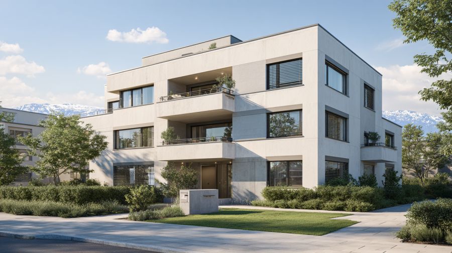 Dieses Mehrfamilienhaus könnte an jedem Ort in der Schweiz stehen. Hinweis: Dieses Bild entstand durch newhome unter Verwendung von KI.