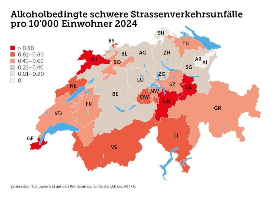 Im Kanton Glarus gab es am meisten schwere alkoholbedingte Unfälle im Verhältnis zur Bevölkerung.