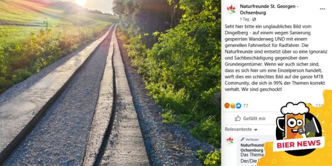 Ein Velofahrer bretterte trotz Absperrung durch den frischen Beton. Velofahrer Radfahrer Wanderweg Beton