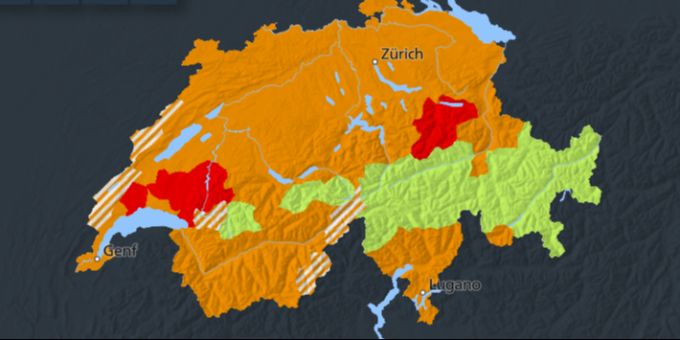In den roten Bereichen gilt jetzt Warnstufe 4 wegen Gewittergefahr. Schweiz Wetter