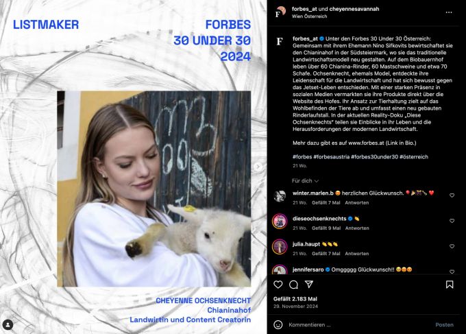Cheyenne Ochsenknecht teilt gerne ihre Erlebnisse auf dem Bauernhof und hat zuletzt einem kleinen Lamm auf die Welt geholfen. Cheyenne Ochsenknecht