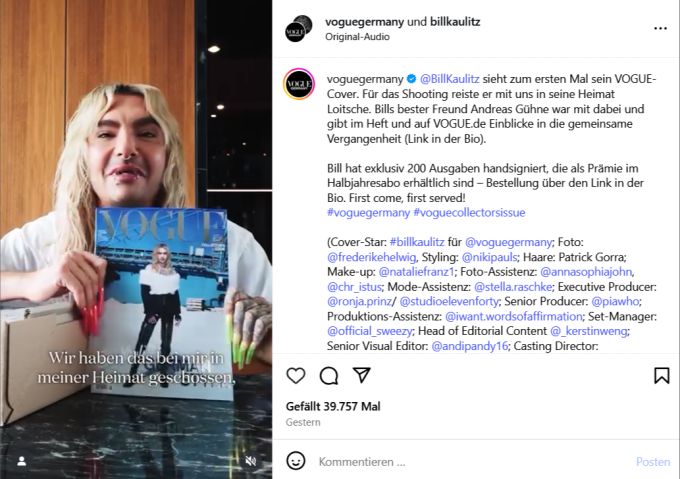 Kaulitz ist stolz auf sein erstes Vogue-Cover. bill kaulitz vogue