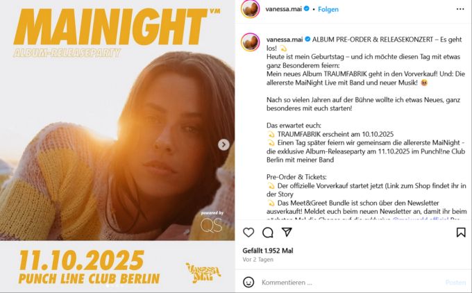 Fans können die neuen Songs bei der Release-Party in Berlin live erleben. vanessa mai