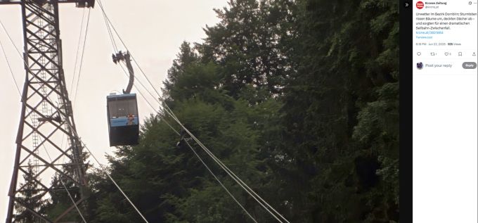 Weil sich zwei Seile überschlagen hatten, konnten die Fahrgäste nicht mit der dafür vorgesehenen Rettungsgondel in Sicherheit gebracht werden. Seilbahn