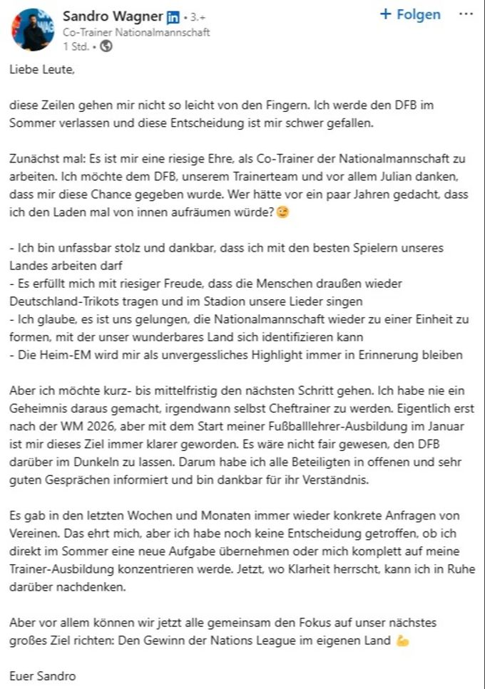 Sandro Wagner begründet seinen DFB-Abschied. Sandro Wagner