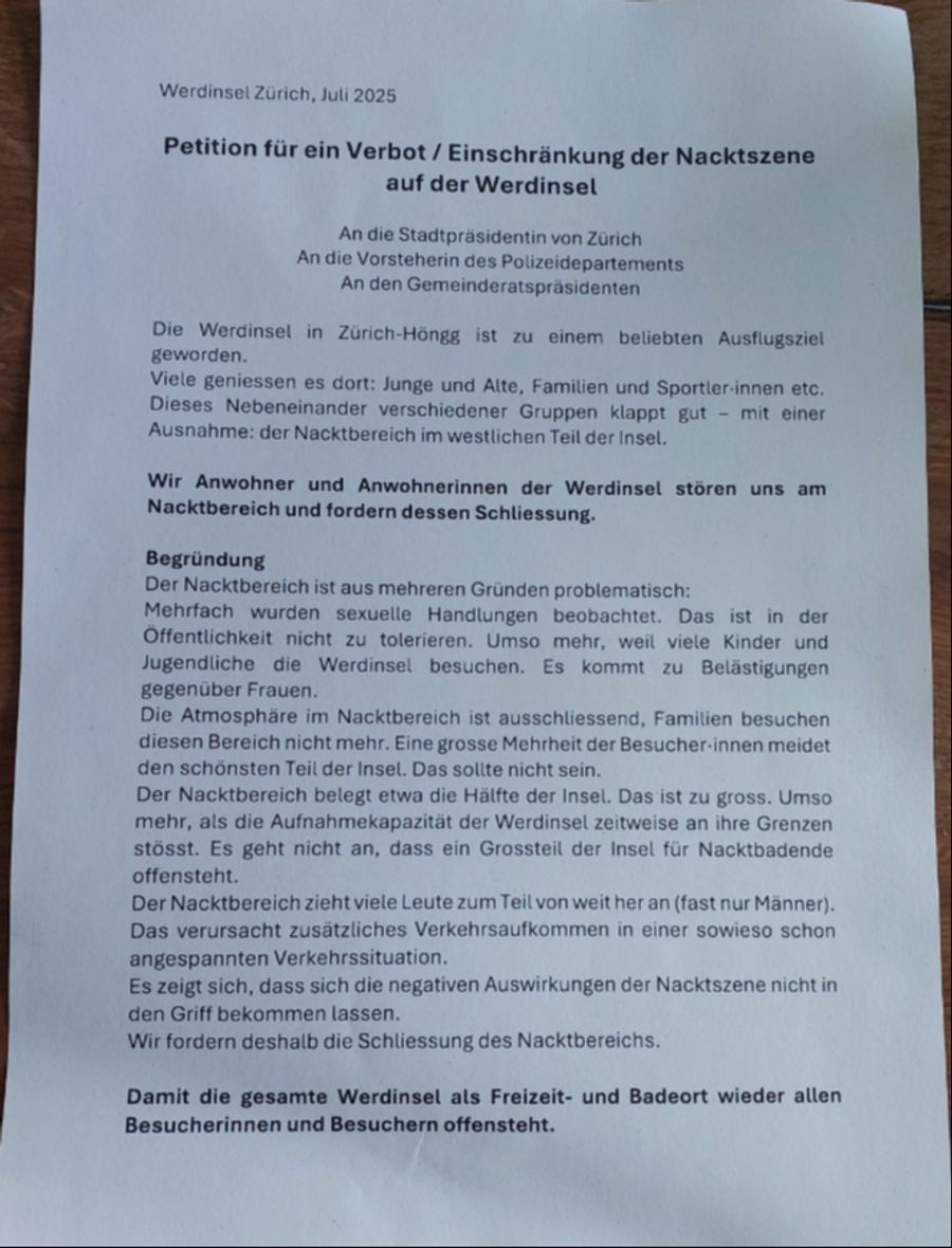 Diese Petition wurde vergangene Woche in den Briefkästen des Zürcher Quartiers Höngg verteilt. Sie fordert die Schliessung des Nackt-Bereichs auf der Werdinsel.