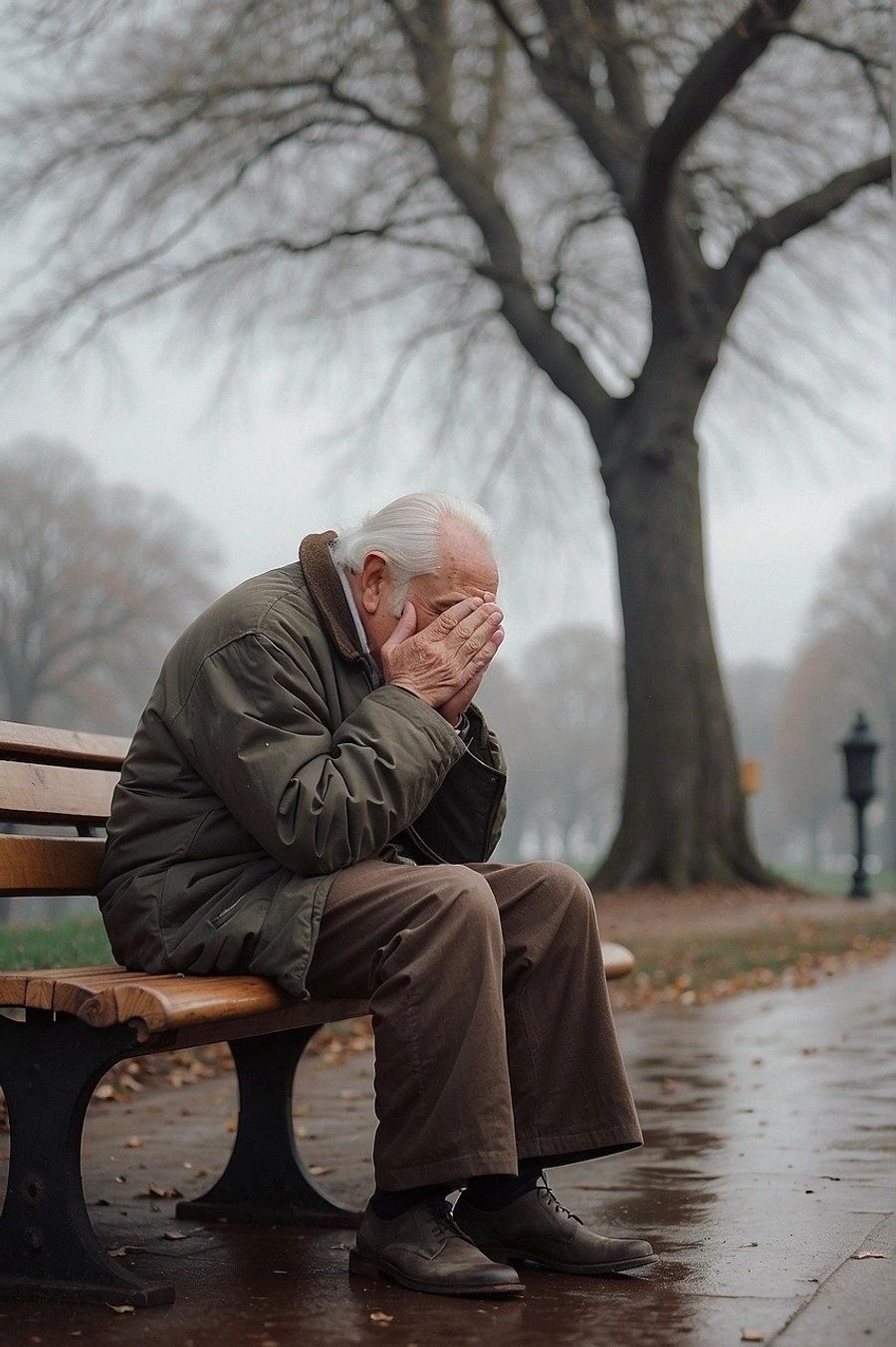 Ein Senior niesst auf Bank