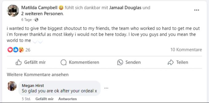 Matilda Campbell dankt ihren Retterinnen und Rettern auf Social Media Felsen