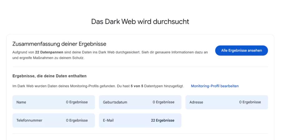 Ausschnitt Google One Suche Dark Web