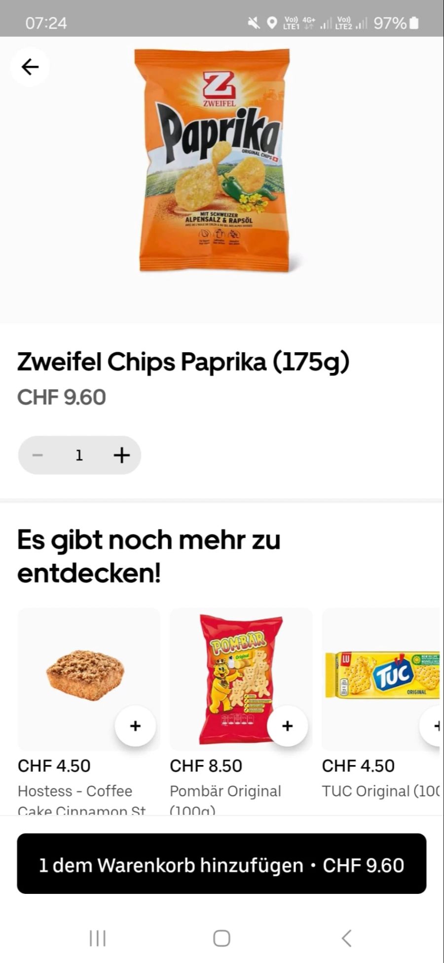Eine Packung Chips kostet mit 9.60 Franken mehr als doppelt so viel wie im Supermarkt.