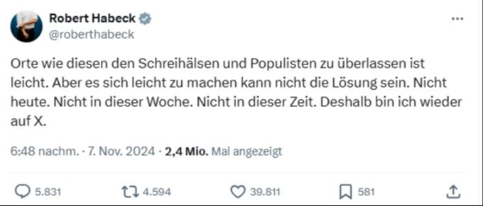 Der deutsche Wirtschaftsminister Robert Habeck (Grüne) ist zurück auf X. x