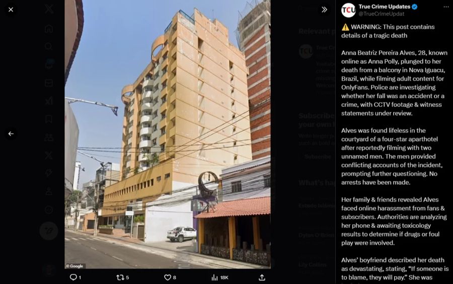 Sie stürzte aus noch ungeklärten Gründen in Brasilien von einem Balkon in den Tod.