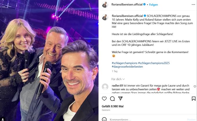 Später begrüsste Florian Silbereisen Maite Kelly und Roland Kaiser, die das zehnjährige Jubiläum ihres Hits «Warum hast du nicht nein gesagt» feierten. panne florian silbereisen