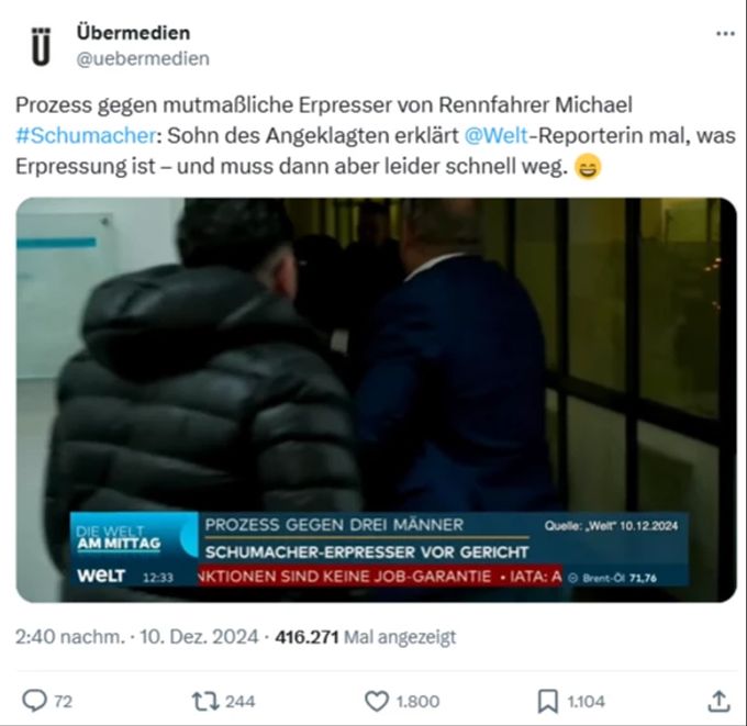 Mitten im TV-Interview wird der Sohn des Angeklagten im Erpresser-Prozess um die Familie von Michael Schumacher weggezerrt. michael schumacher