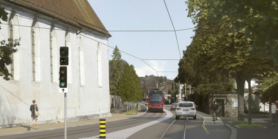 Mehr Sicherheit für Bahn, Autos und Fussgänger: So soll die sanierte Baselstrasse in Solothurn in aussehen. Der Baubeginn ist für das Jahr 2031 geplant. (Visualisierung)
