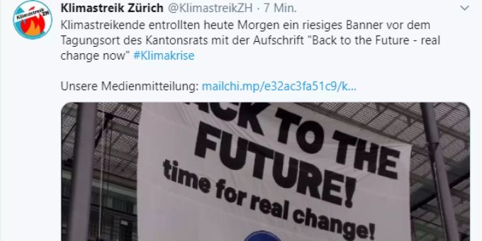 Das Transparent wurde am Montagmorgen vor dem Zürcher Kantonsparlament ausgerollt. klimastreik