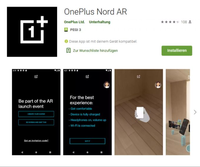 Die App zur AR-Präsentation des OnePlus Nord im Google Play Store. OnePlus