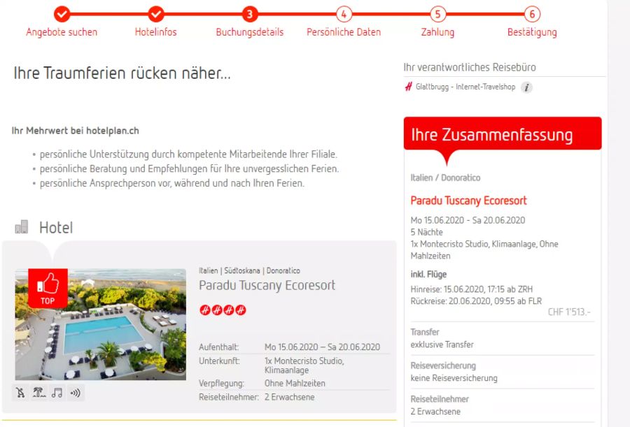 Ein Angebot für Badeferien in der Toskana auf der Seite von Hotelplan.