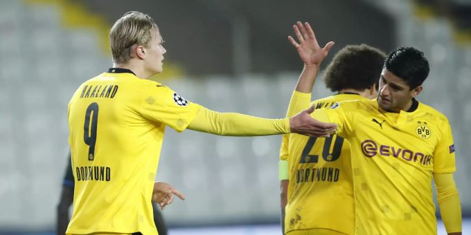Erling Haaland (l.) jubelt nach seinem Treffer zum 3:0 gegen Brügge. BVB Champions League