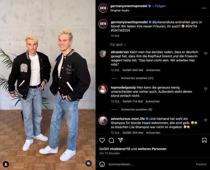 Die Zwillinge Julian und Luca werden beim «GNTM»-Umstyling blondiert. GNTM Umstyling
