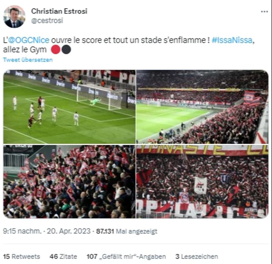 Christian Estrosi postet während dem Nizza-Match fleissig Bilder aus dem Stadion – die FCB-Fans sperrte er aus der Stadt.