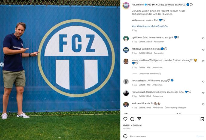 Der FC Zürich heisst David Da Costa auf Instagram willkommen. FC Zürich