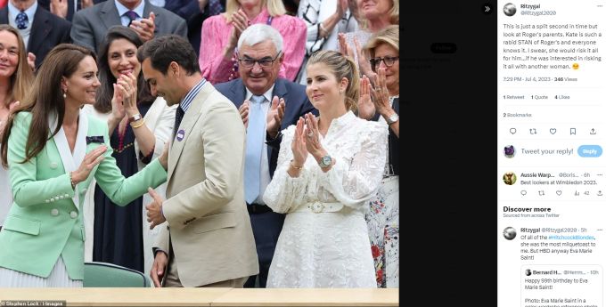 Roger Federer begrüsst Prinzessin Kate - neben ihm steht seine Frau Mirka - dahinter seine Eltern. Roger Federer Kate Middleton