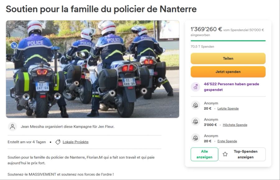 Die GoFundMe-Kampagne für den Polizisten hat Stand Dienstag bereits 1,4 Millionen Euro zusammen.