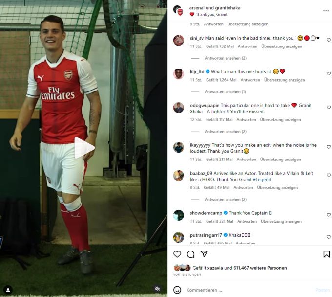 Unter anderem bei einem Verabschiedungs-Video finden sich zahlreiche Kommentare von Arsenal-Fans, die sich von Herzen verabschieden. Granit Xhaka Arsenal