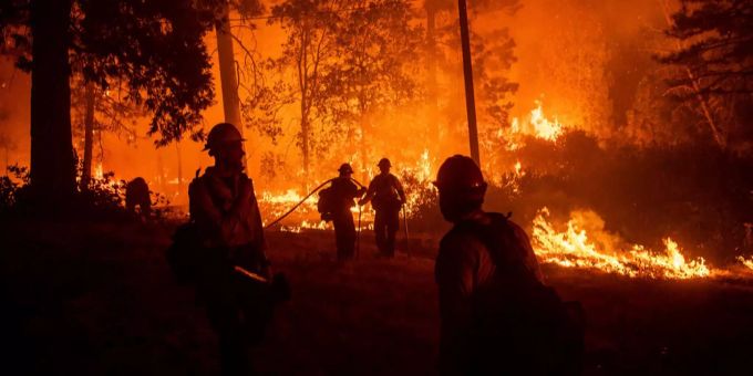 In Kalifornien kämpfen Feuerwehrleute gegen ein Feuer. feuer