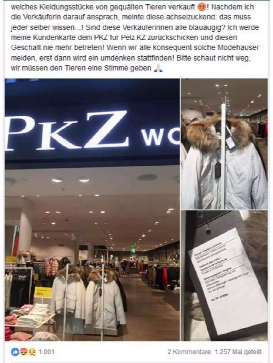 Mit diesem Post macht eine PKZ-Kundin auf die Herkunft von Echtpelz aufmerksam.