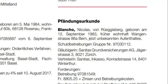 Ausschnitt aus dem Amtsblatt des Kantons Bern: Blanchos Aufenthalt ist den Behörden unbekannt. Ausschnitt aus dem Amtsblatt des Kantons Bern: Blanchos Aufenthalt ist den Behörden unbekannt.
