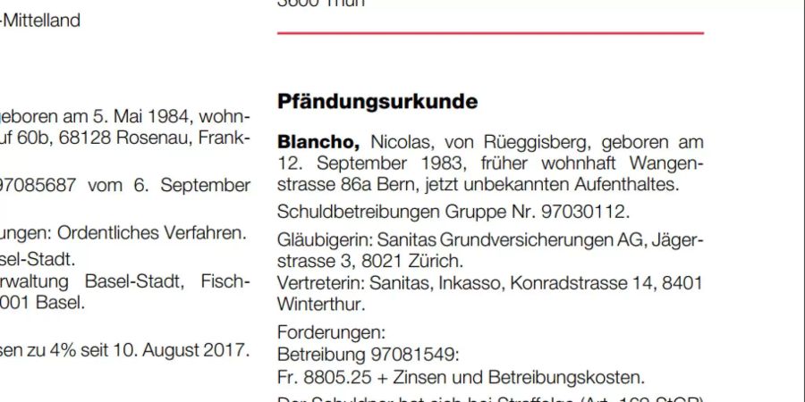 Ausschnitt aus dem Amtsblatt des Kantons Bern: Blanchos Aufenthalt ist den Behörden unbekannt.