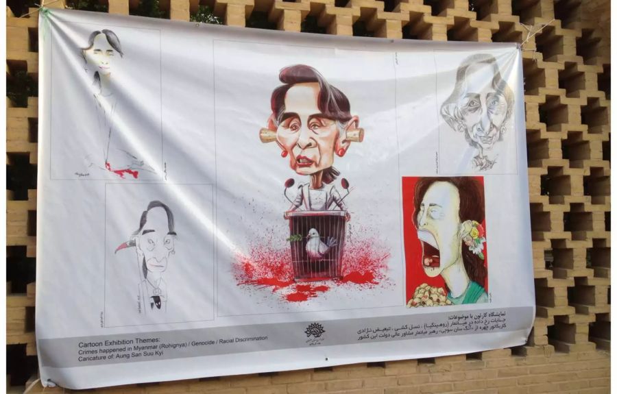 Insbesondere in der muslimischen Welt stösst die zurückhaltende Haltung Aung San Suu Kyi auf Kritik. Hier ein Plakat in den Strassen der iranischen Stadt Isfahan.