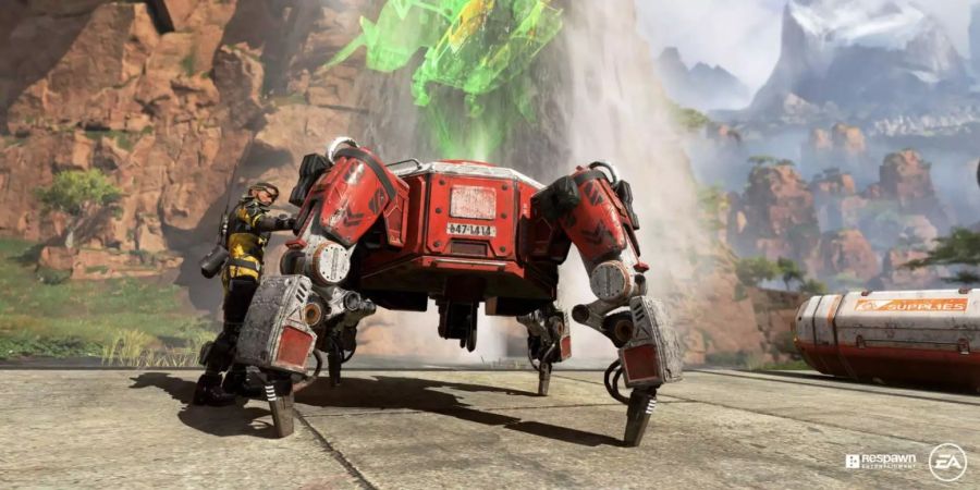 Apex Legends: Ein roter Respawn Beacon vor einer braunen Felswand.