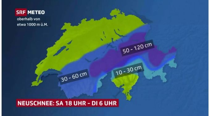 Die Grafik zeigt den Neuschnee zwischen Samstag 18 Uhr und Dienstag 6 Uhr.