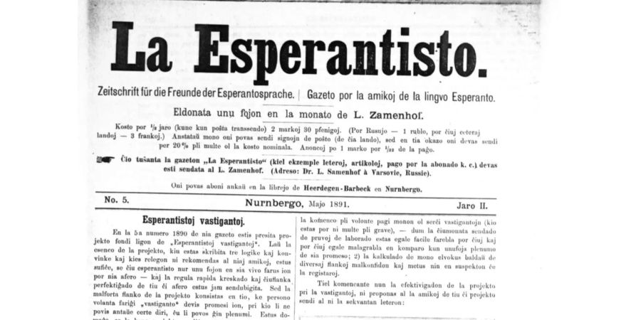 Die Mai-Ausgabe des Esperantisto, der ersten Zeitschrift in Esperanto. Publiziert 1891 in Nürnberg.