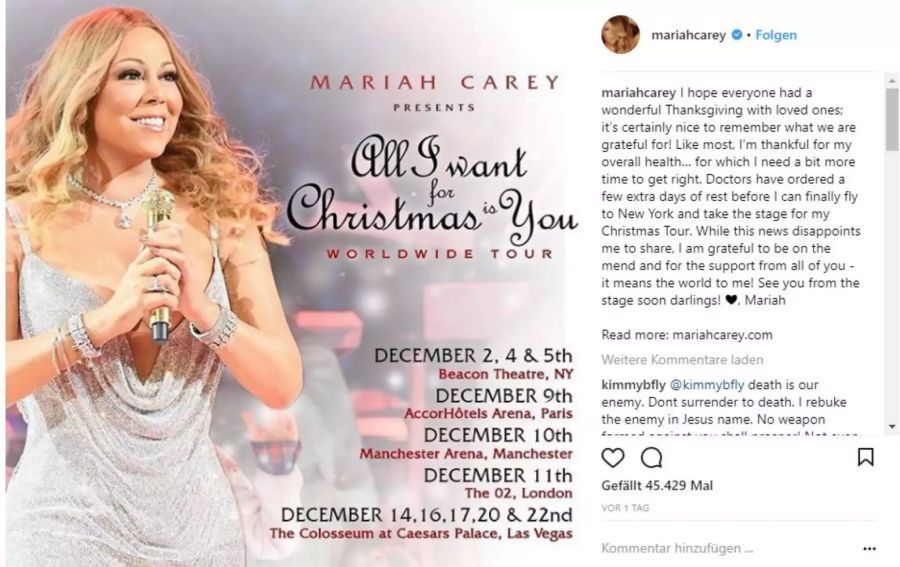 Mariah Carey gibt die Konzertabsage per Instagram bekannt.