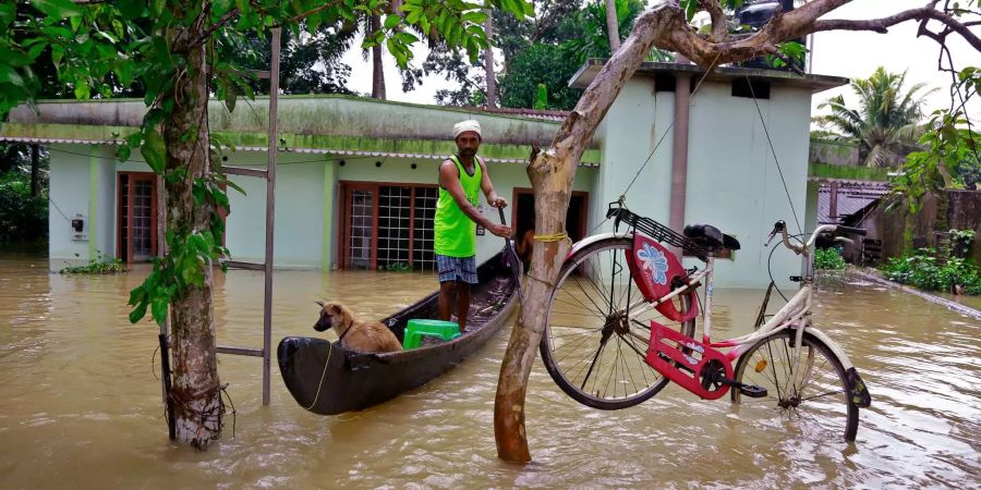 Ein Mann verlässt mit seinem Hund auf einem Boot sein überschwemmtes Anwesen in Alappuzha in südindischen Bundestaat Kerala, auf dem ein Fahrrad an einen Ast gebunden ist.