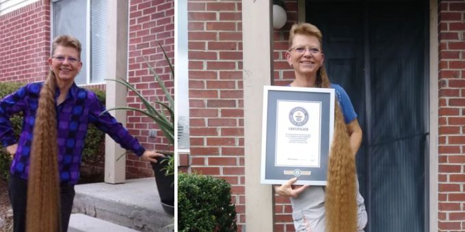 Tami Manis zeigt stolz ihre Guinness World Records Urkunde für den längsten Vokuhila der Welt. Längster Vokuhila