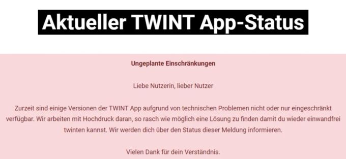 Der Zahlungsanbieter Twint hatte am Mittwochmorgen mit «ungeplanten Einschränkungen» zu kämpfen. Das Problem ist mittlerweile behoben. Twint Störung
