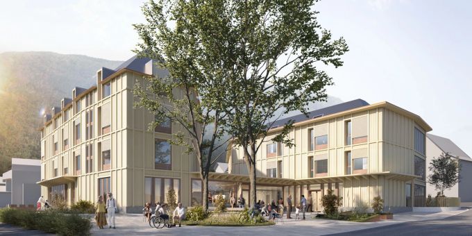 Die zwei Hauptgebäude des neuen Alterszentrum Schübelbach bieten Platz für rund 40 Bewohnerzimmer, neun Altersstudios und sechs Alterswohnungen. Nordansicht des geplanten Alterszentrum Schübelbach.