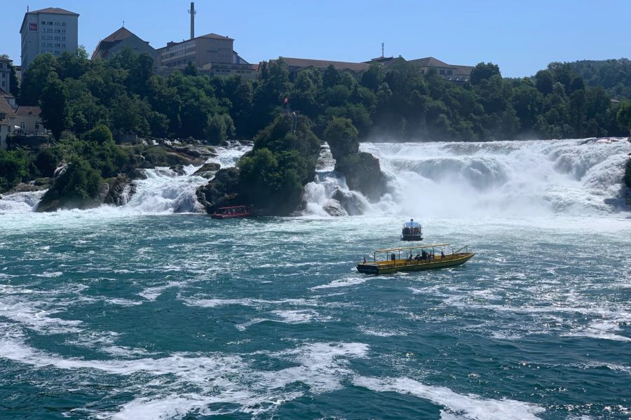 Im roten Boot sitzt die eine, im gelben die andere Hälfte des Bundesrats. Zu sehen ist der Rheinfall in Schaffhausen.