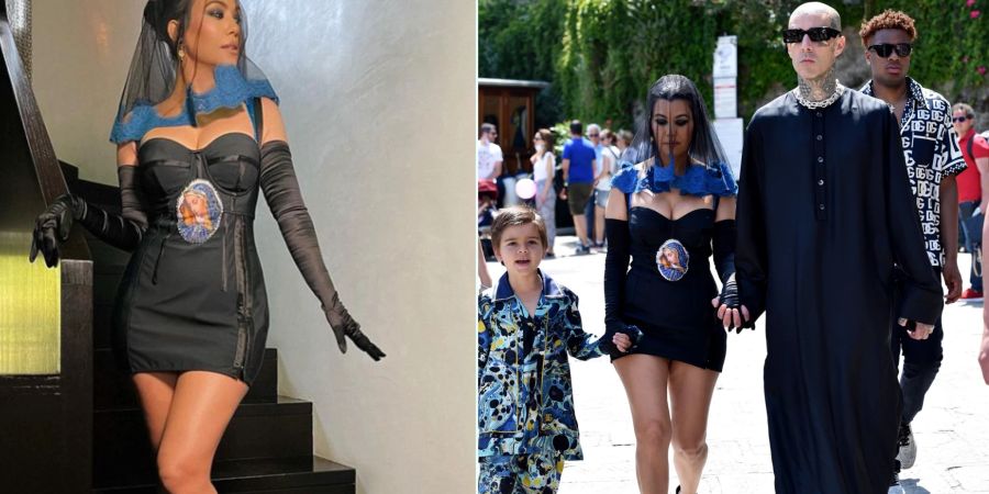 Kourtney Kardashian filtert sich auf Instagram (links) makellos. Rechts: Beim Spaziergang mit Gatte Travis Barker und Sohn Mason.